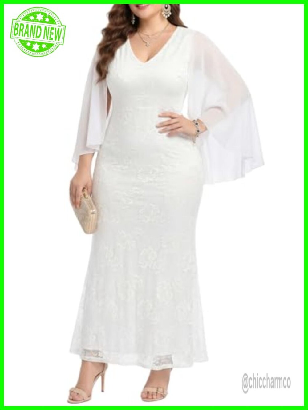 Plus Size Mermaid Formal Dress V Neck Chiffon Cape Ruffle Sleeve